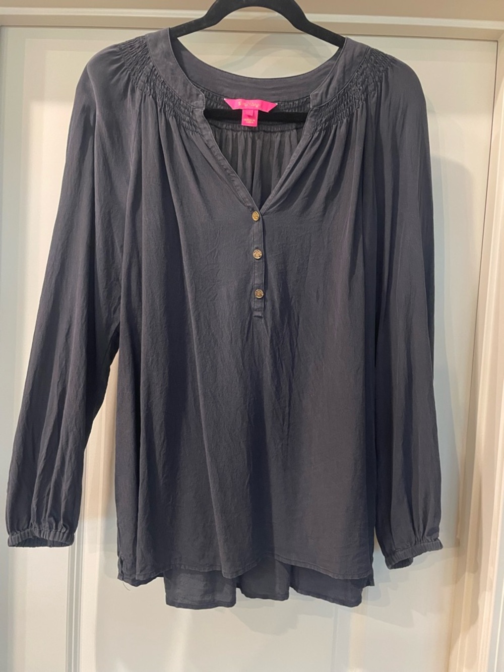 Lilly Pulitzer Slate Black Smocked-Neck Henley Blouse